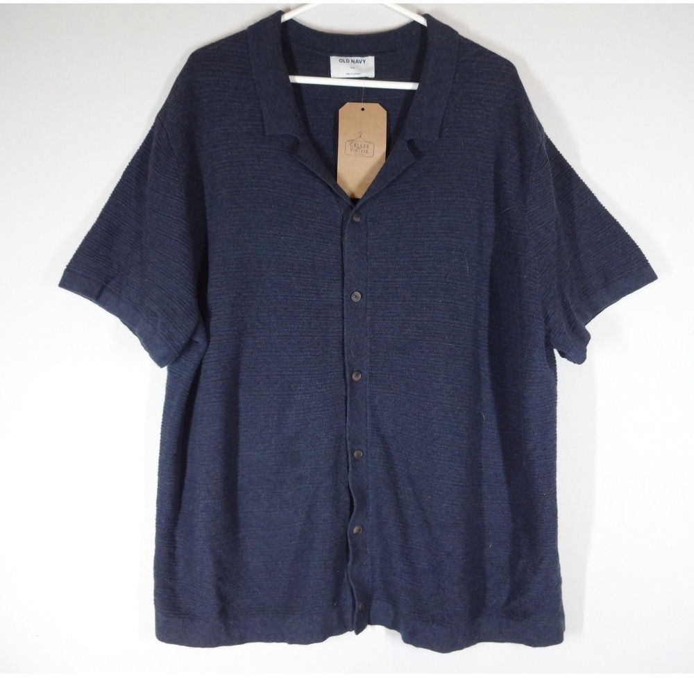 Old Navy Cardigan Camp Shirt Men XXL Navy Blue Short Sleeve Ribbed Knit Retro